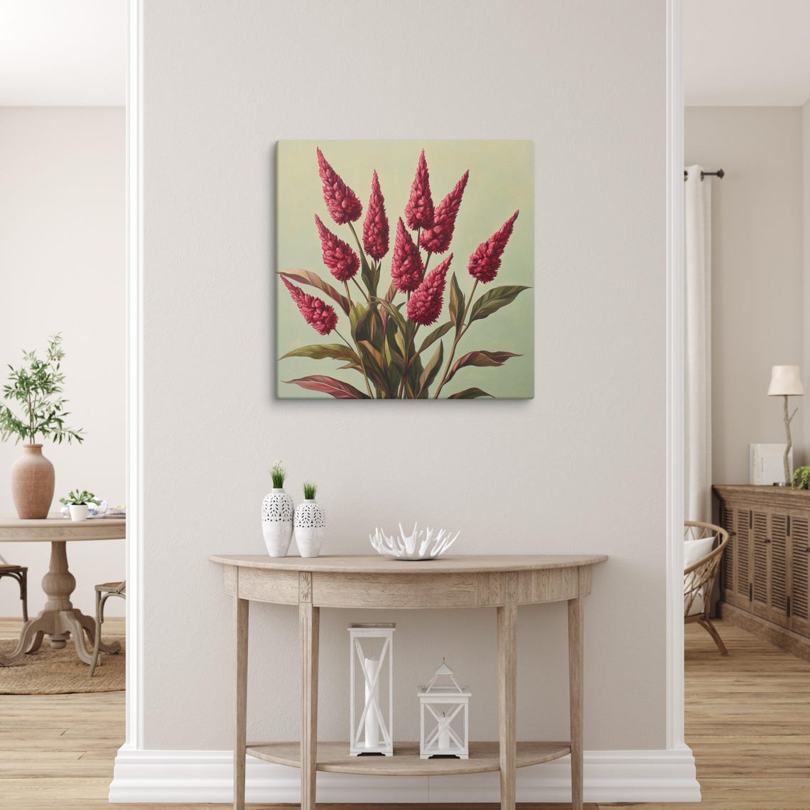 Red Cockscomb Feathery Plume Flowers Tall Botanical Art Poster - Image 4
