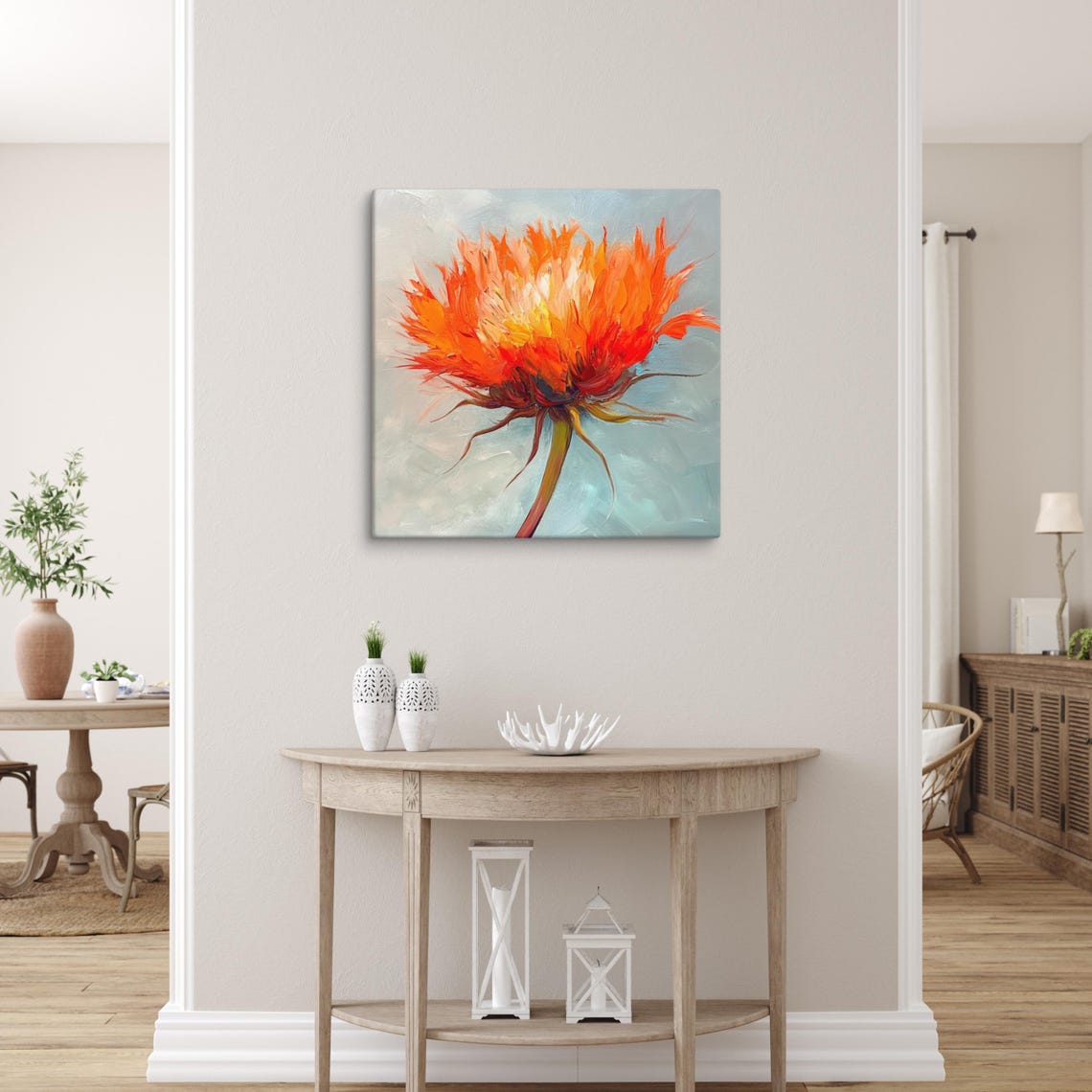 Orange Safflower Bloom Fiery Petals Blue Gray Impasto Wall Art - Image 5