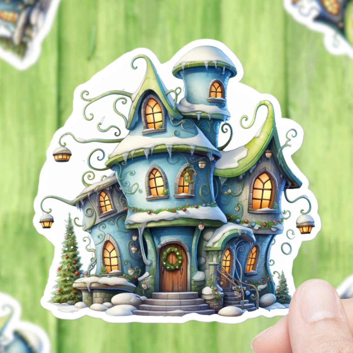 Whimsical Snowy Winter House Magical Cottage Christmas Sticker Decal