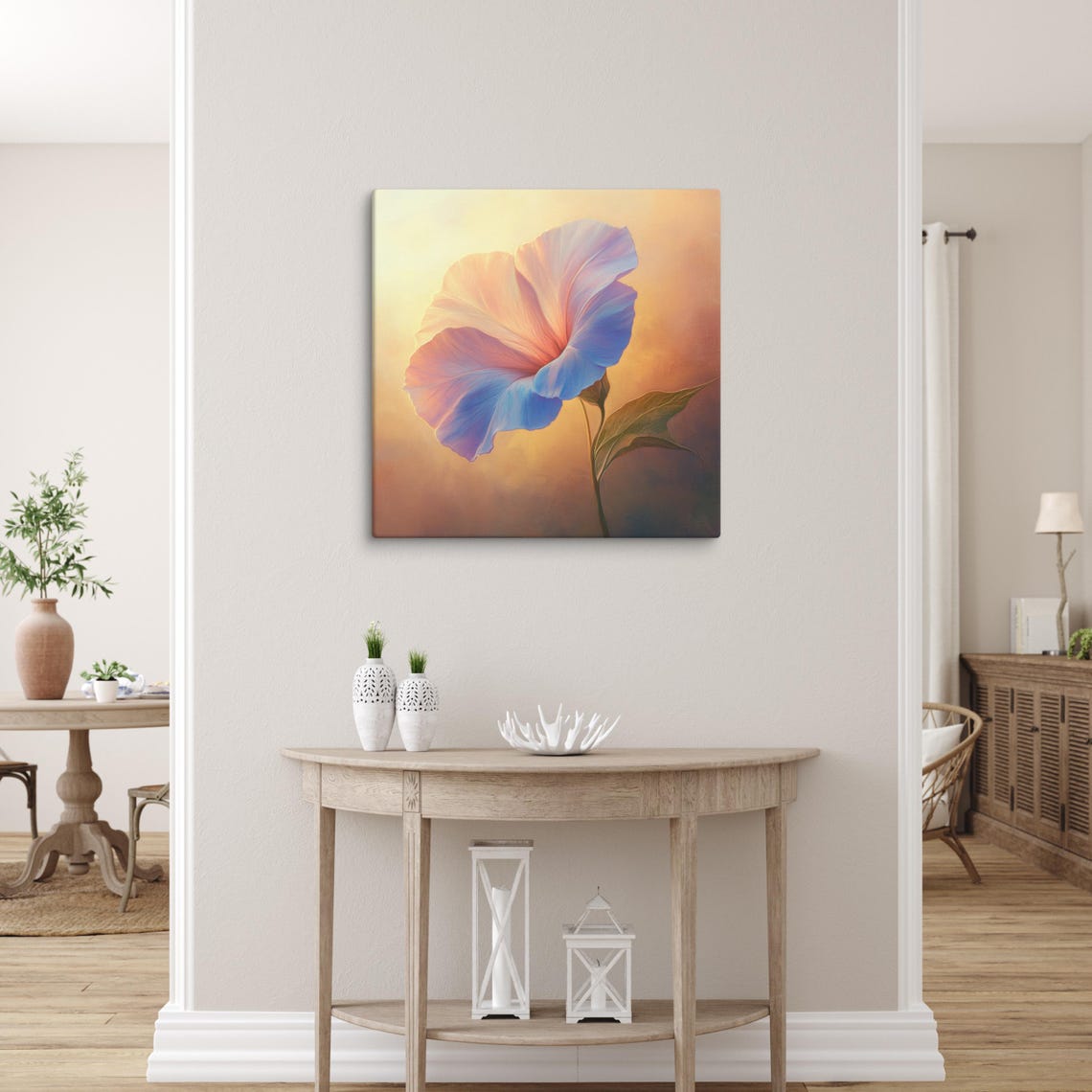 Morning Glory Bloom In Soft Peach Blue Golden Sunrise Poster - Image 3