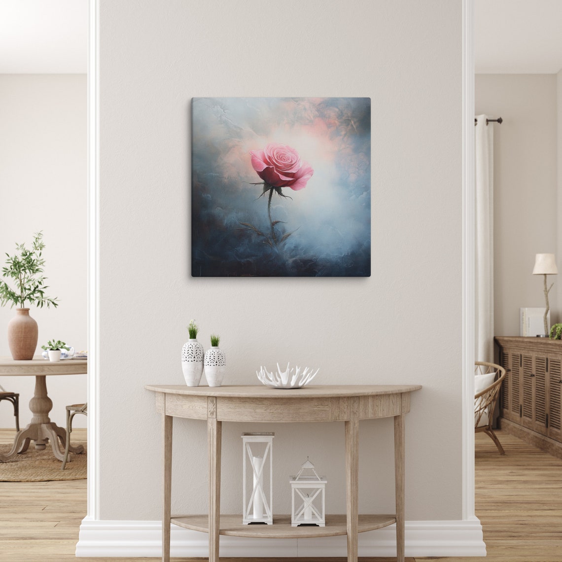 Pink Rose Thorny Stem Misty Smoky Blue Dreamy Mystical Art Poster - Image 5