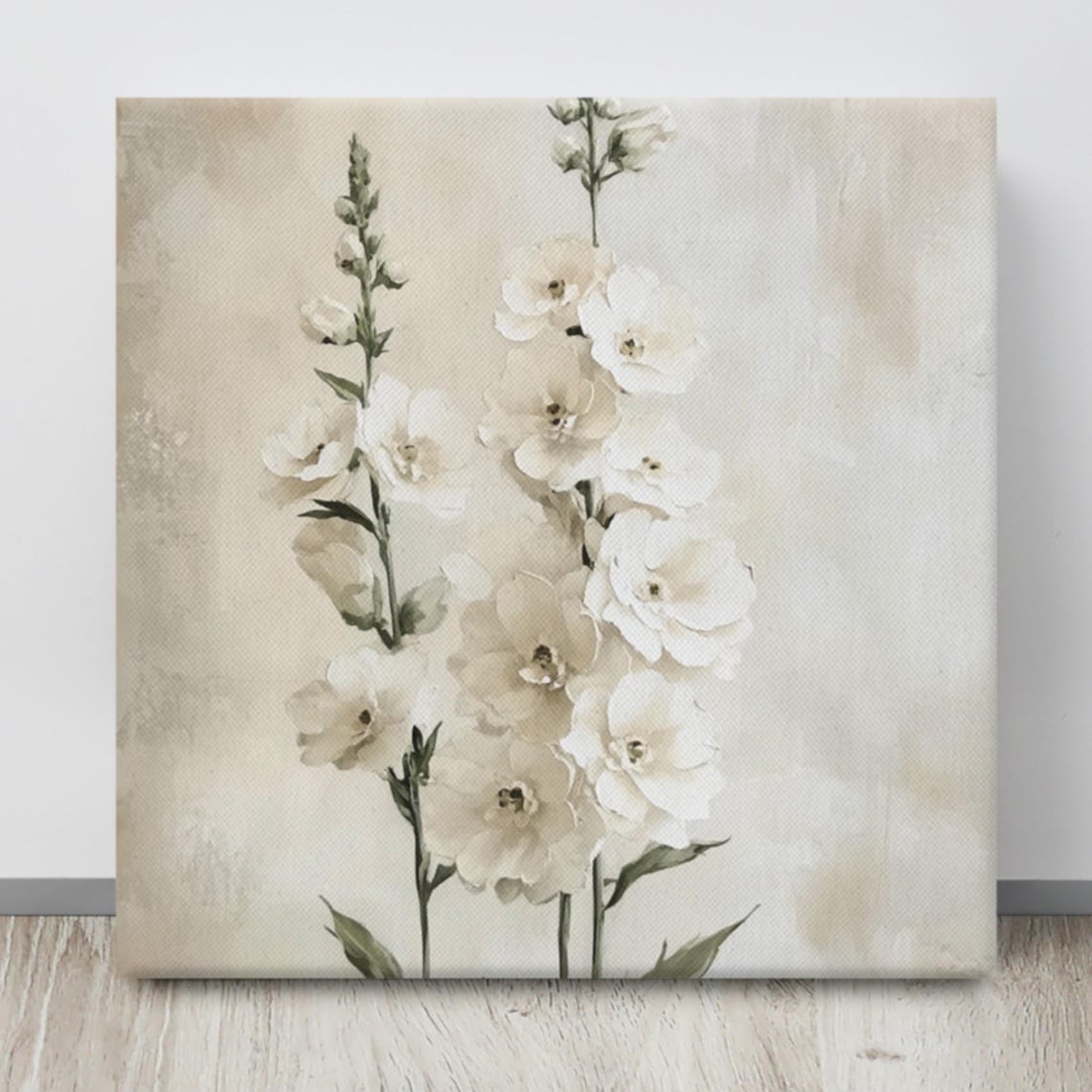 Tall White Snapdragon Flower Spikes Vintage Beige Floral Print - Image 4