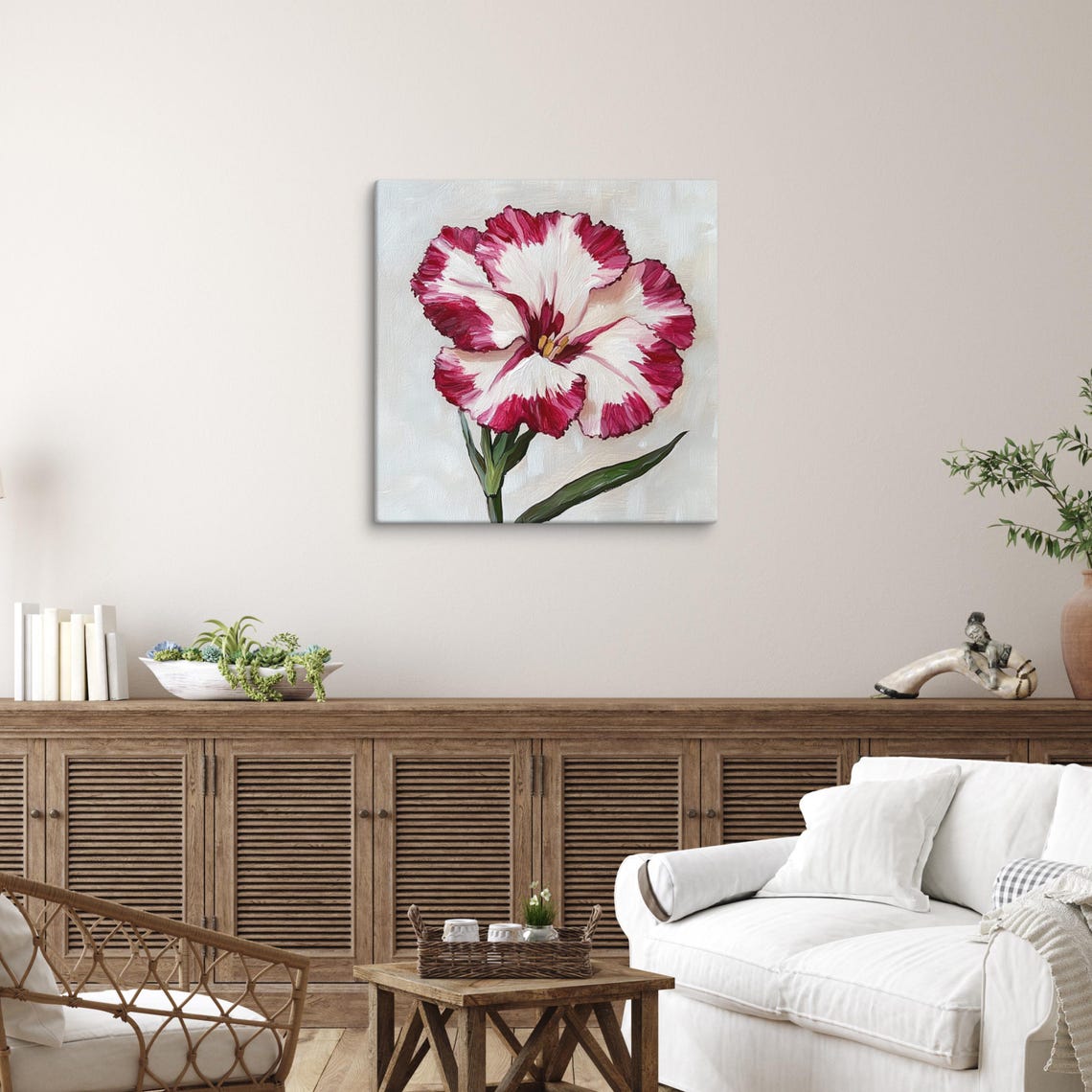 Crimson White Dianthus Carnation Bloom Impasto Floral Art Poster - Image 5
