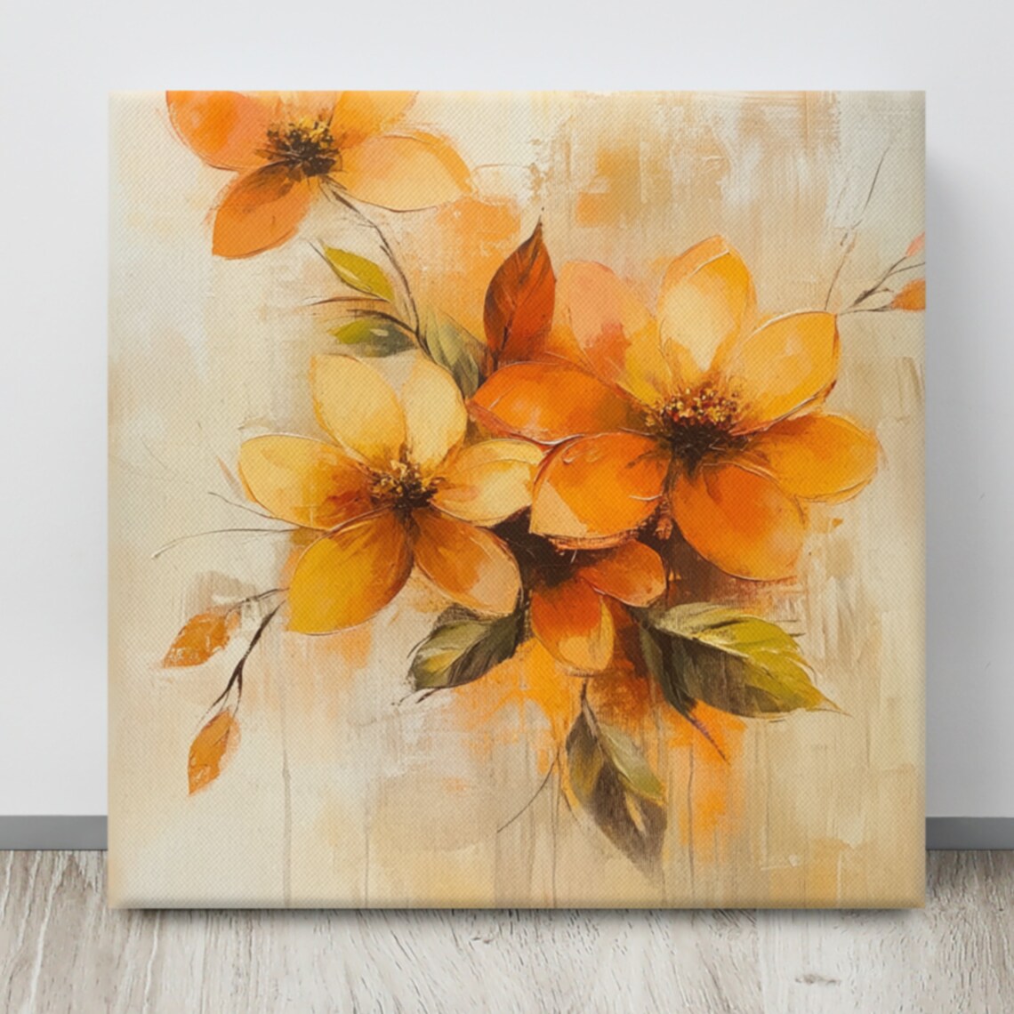 Orange Autumn Flowers Golden Blooms Cozy Painting Print Poster - Image 3