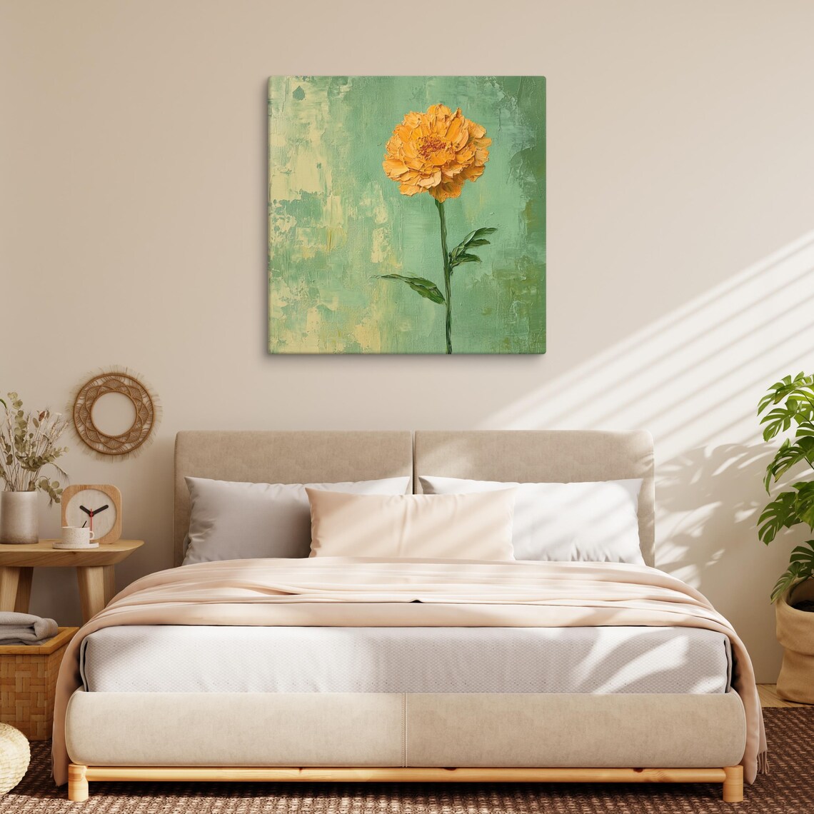 Golden Yellow Marigold Textured Green Background Floral Art Poster - Image 3