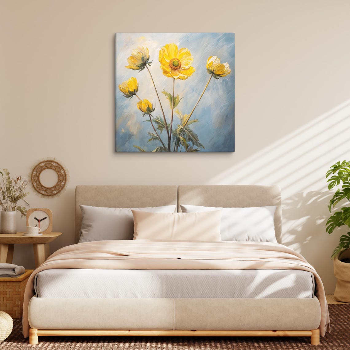 Yellow Globeflowers Tall Stems Blue Sky Floral Painting Print - Image 2