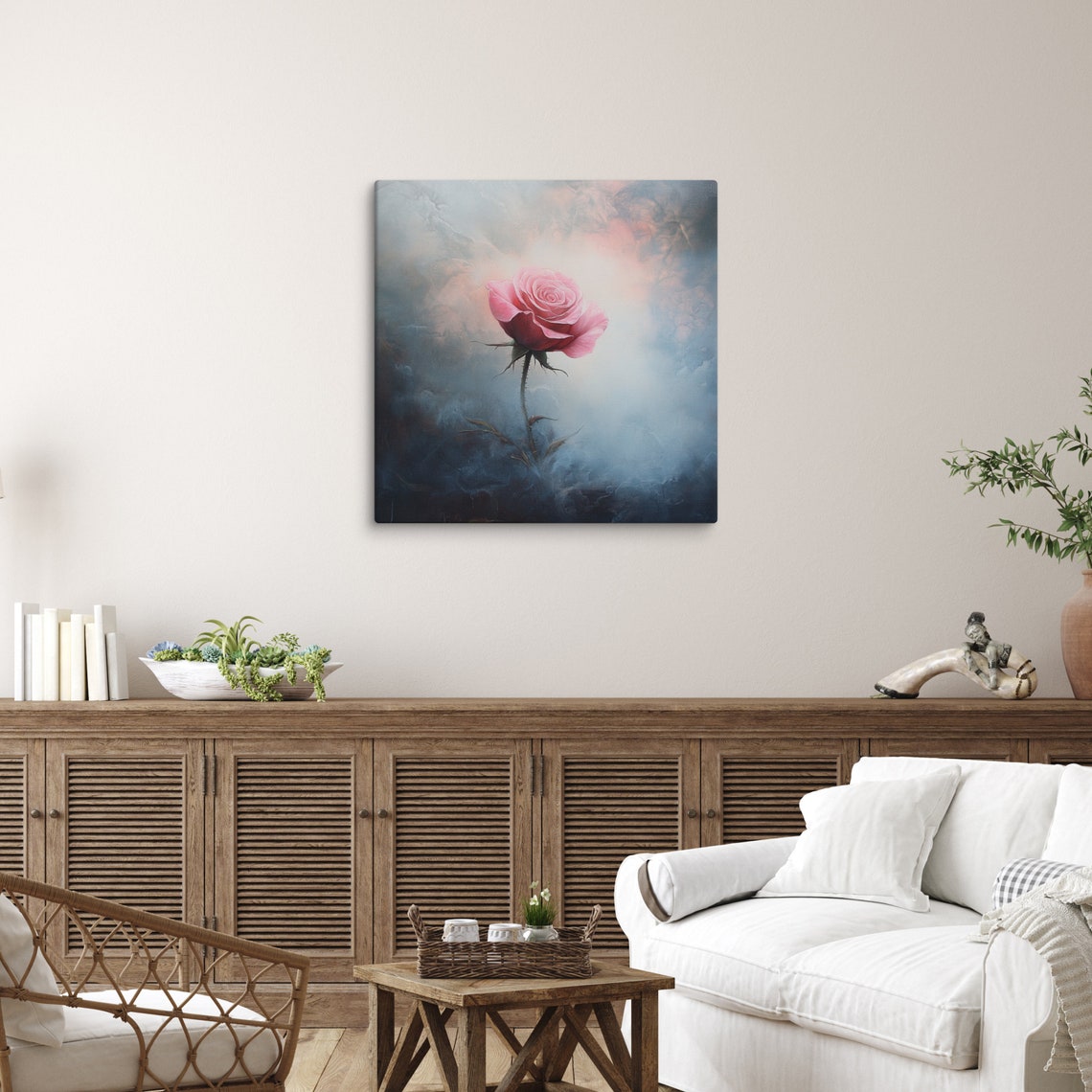 Pink Rose Thorny Stem Misty Smoky Blue Dreamy Mystical Art Poster - Image 3