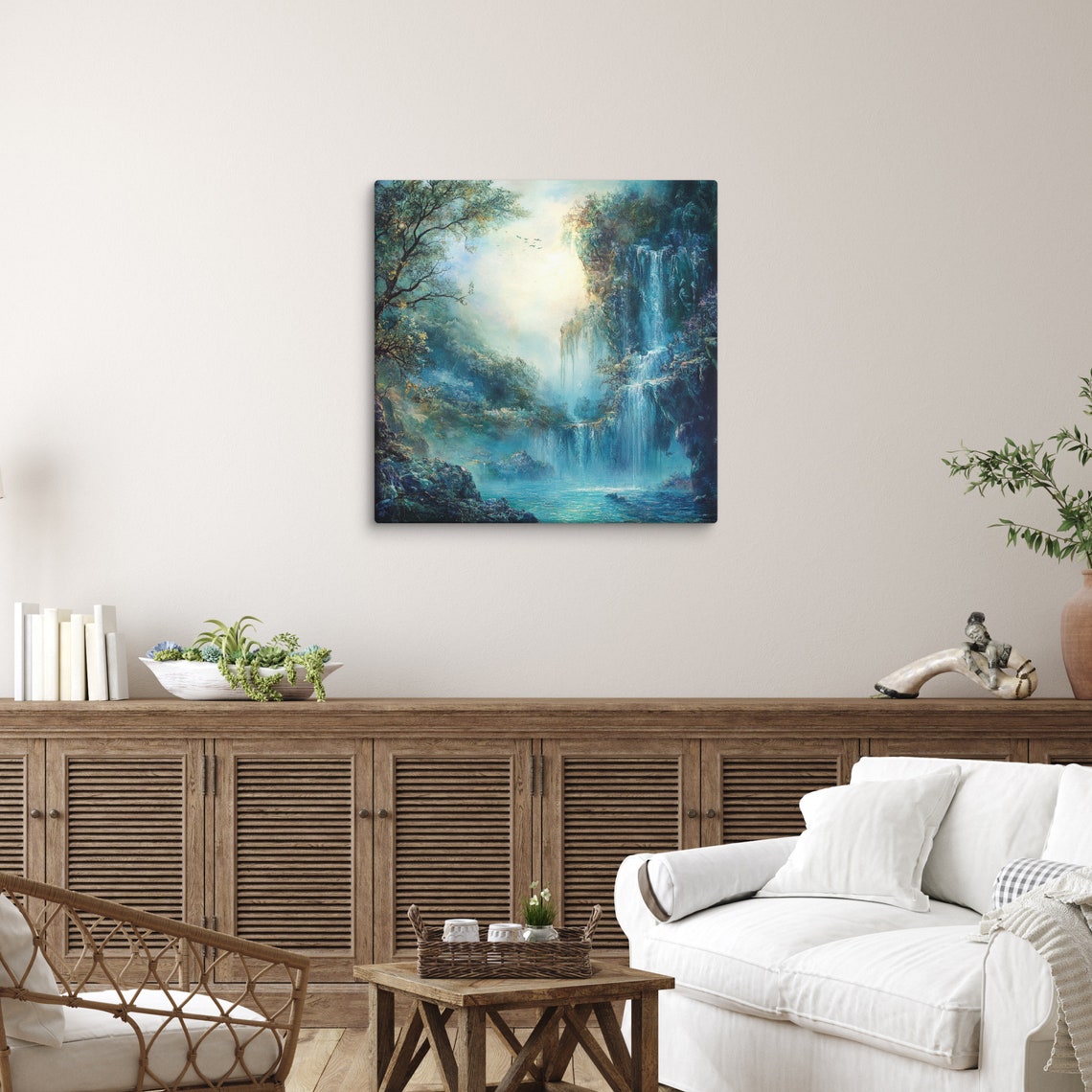 Blue Misty Jungle Waterfall Tropical Forest Dreamy Falls Canvas Print
