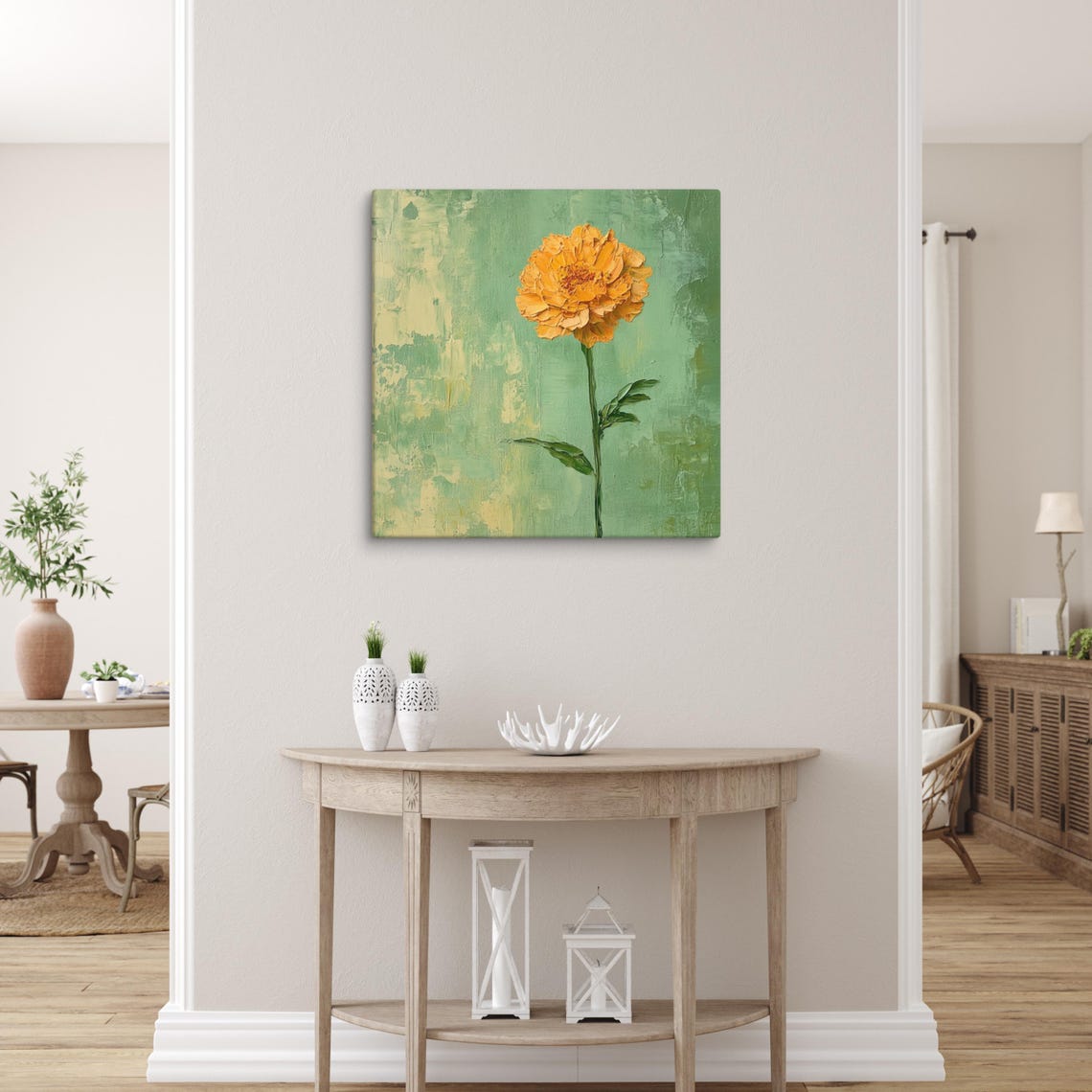 Golden Yellow Marigold Textured Green Background Floral Art Poster - Image 5