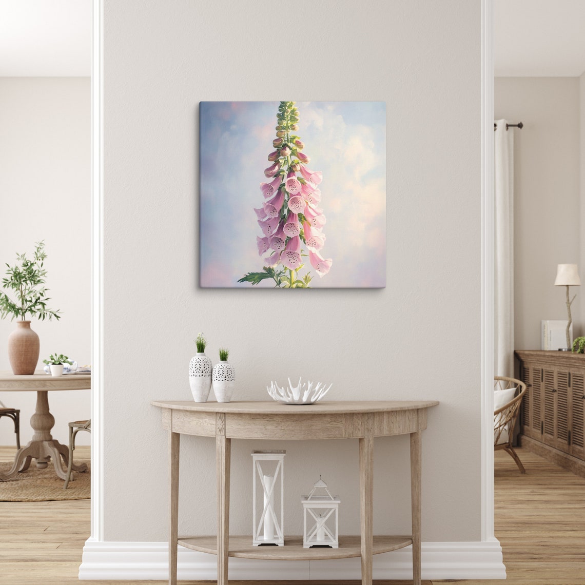 Pink Foxglove Flower Spike Soft Pastel Sky Watercolor Art Poster - Image 5