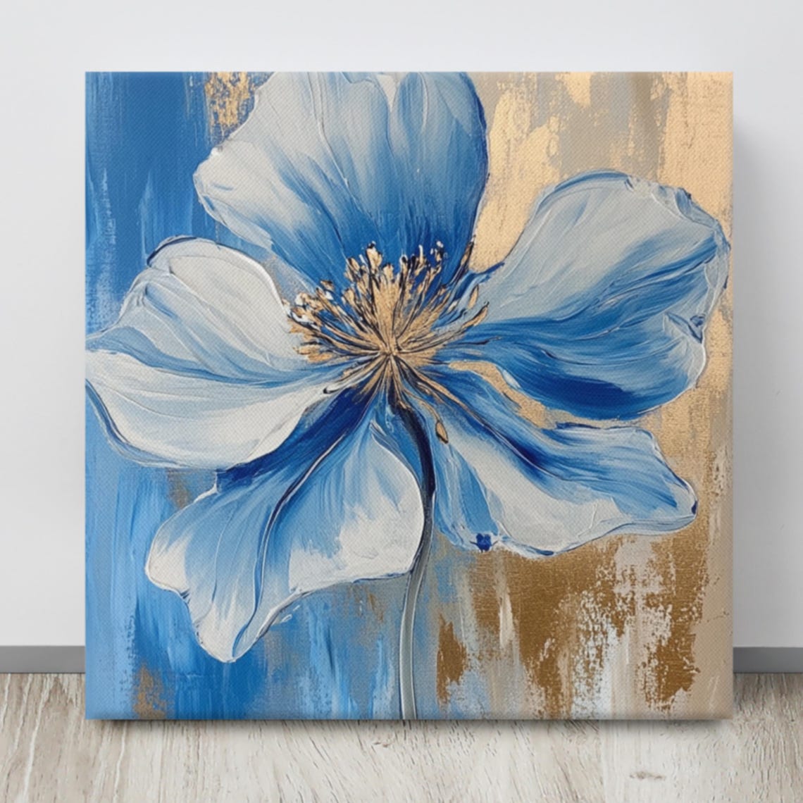 Blue White Flower Impasto Petals Blue Gold Abstract Art Poster - Image 4