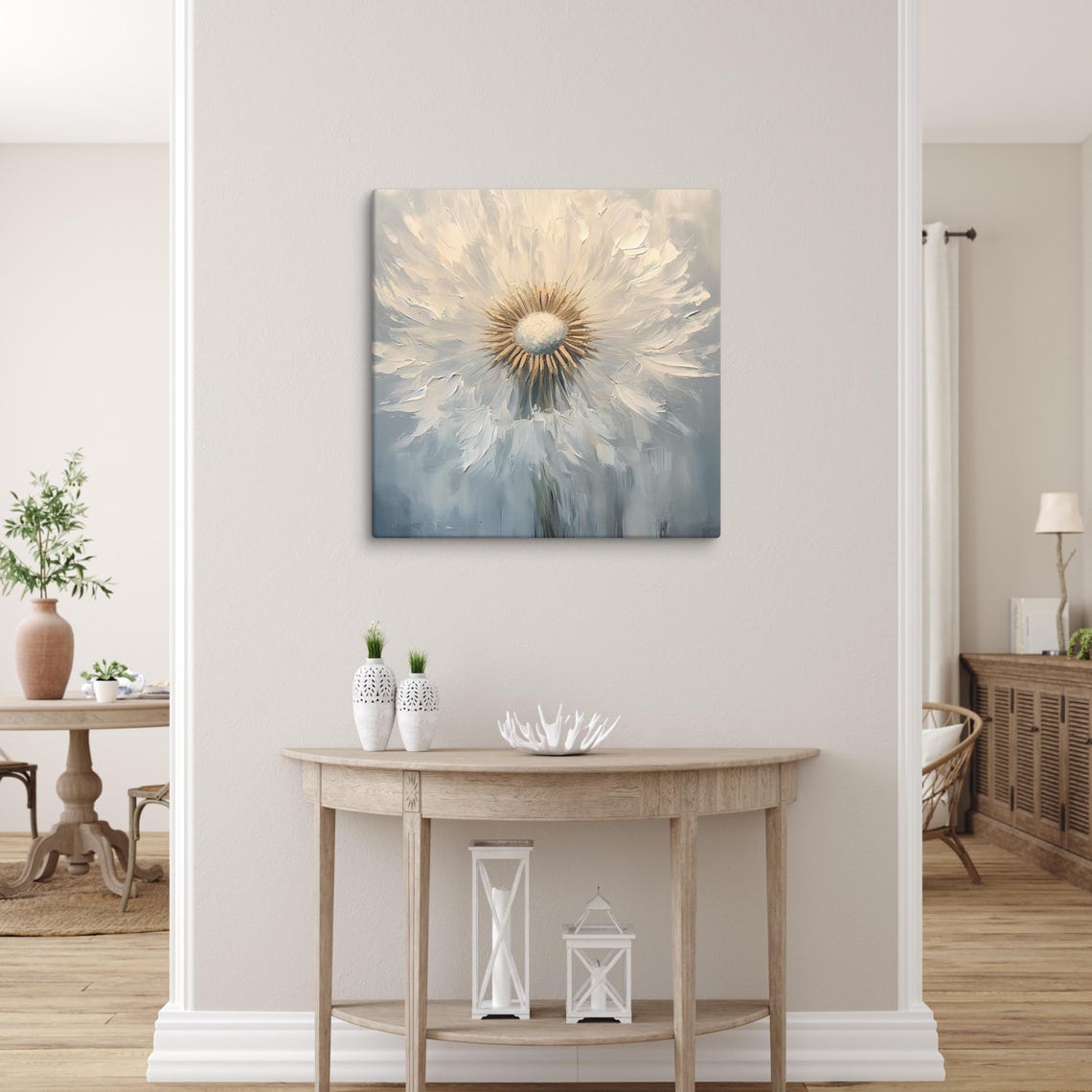 White Dandelion Seed Head Impasto Blue Gray Background Painting Poster - Image 4