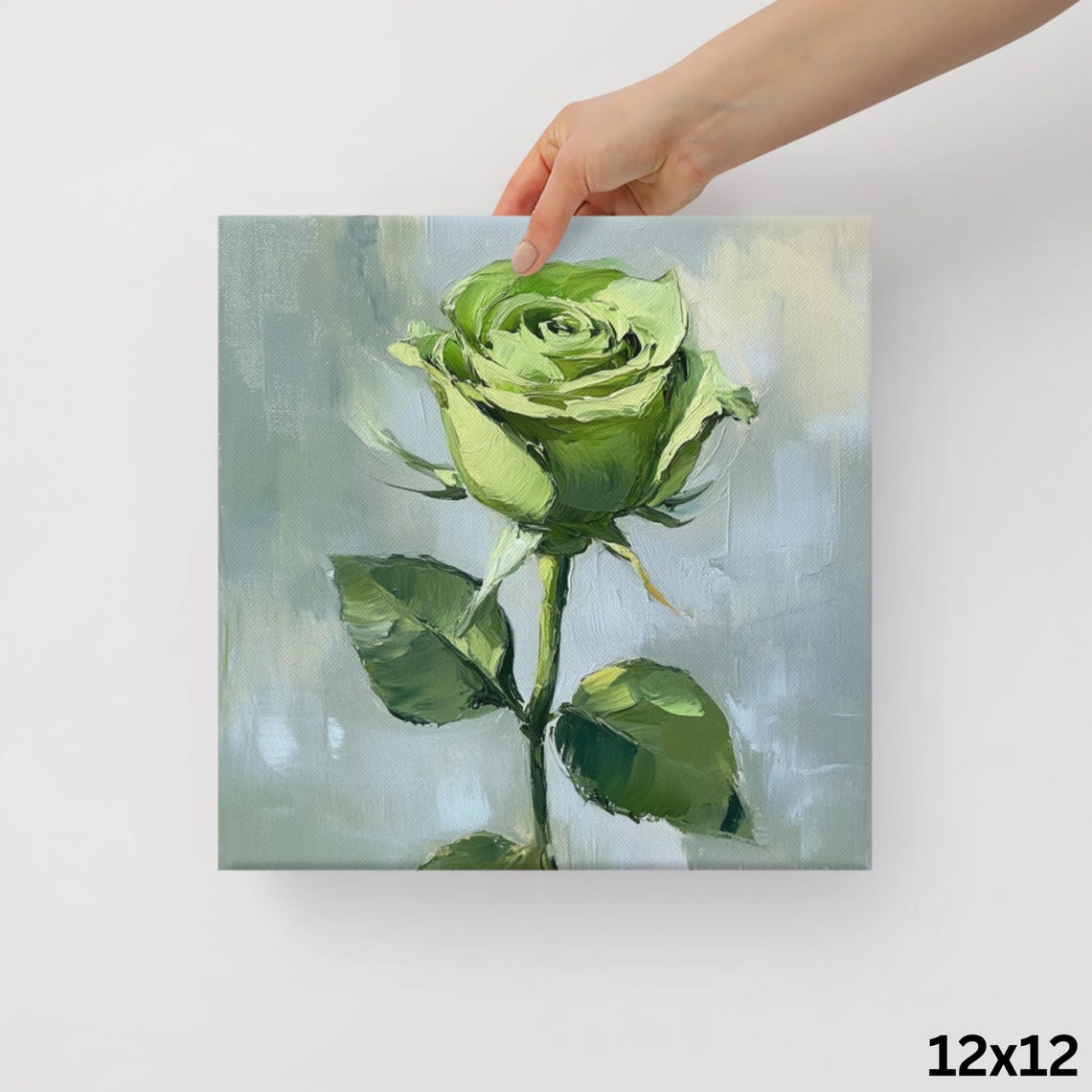 Green Rose Bloom Impasto Painting Cool Blue Background Art Poster - Image 2