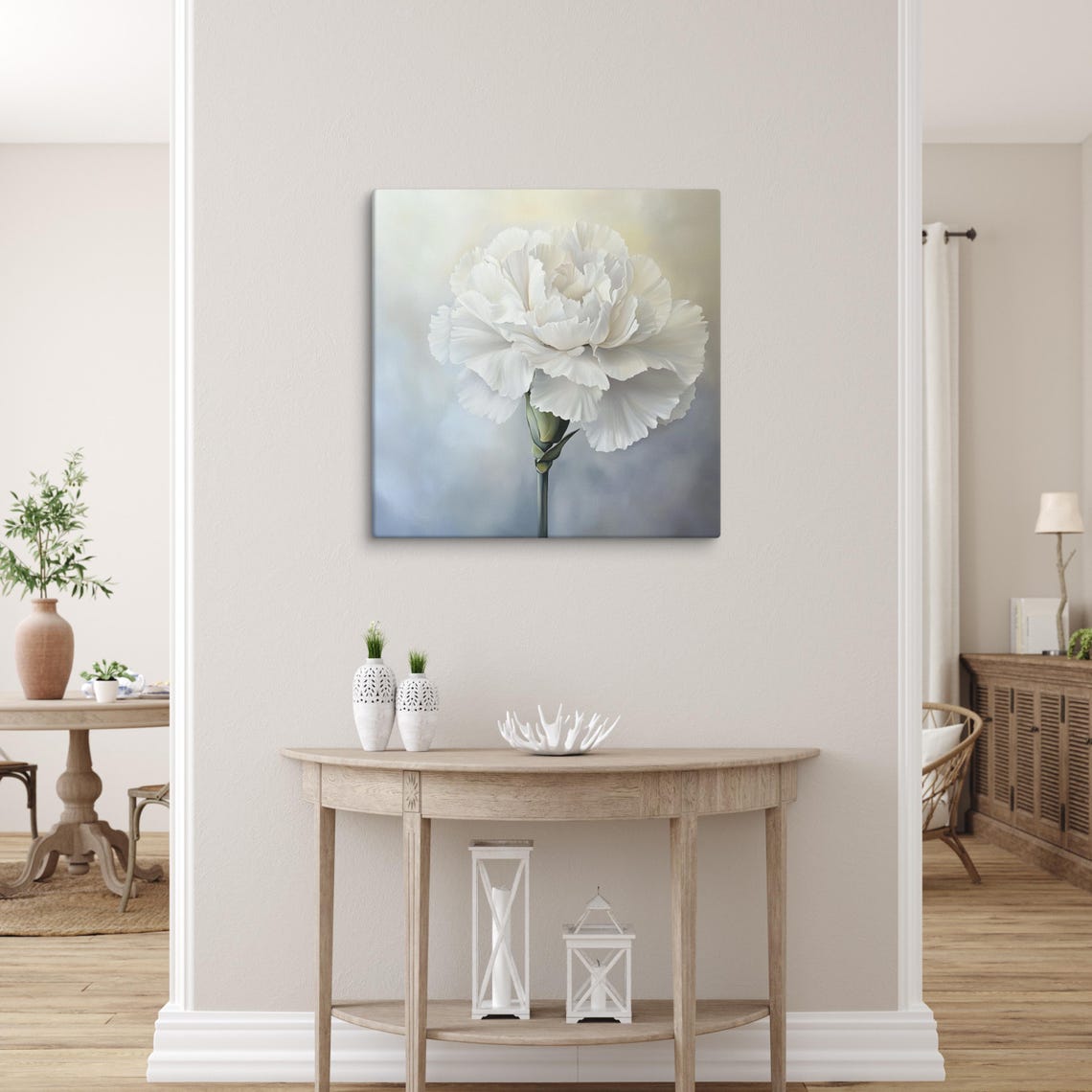 White Carnation Bloom Close Up Ruffled Petals Painting Print Poster - Image 5