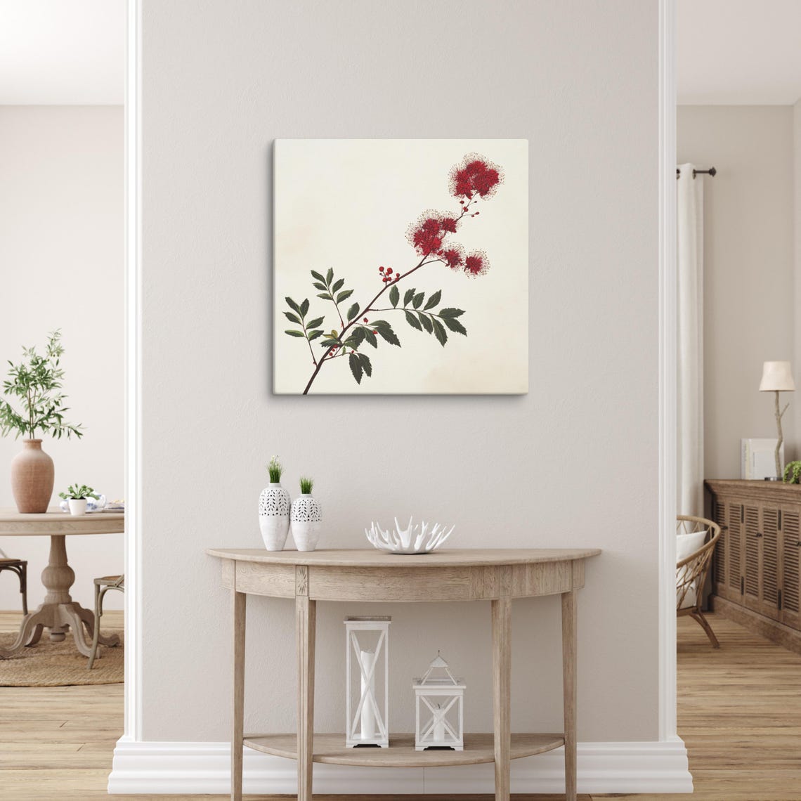 Red Powder Puff Flowers Leafy Branch Botanical Floral Art Poster - Image 2