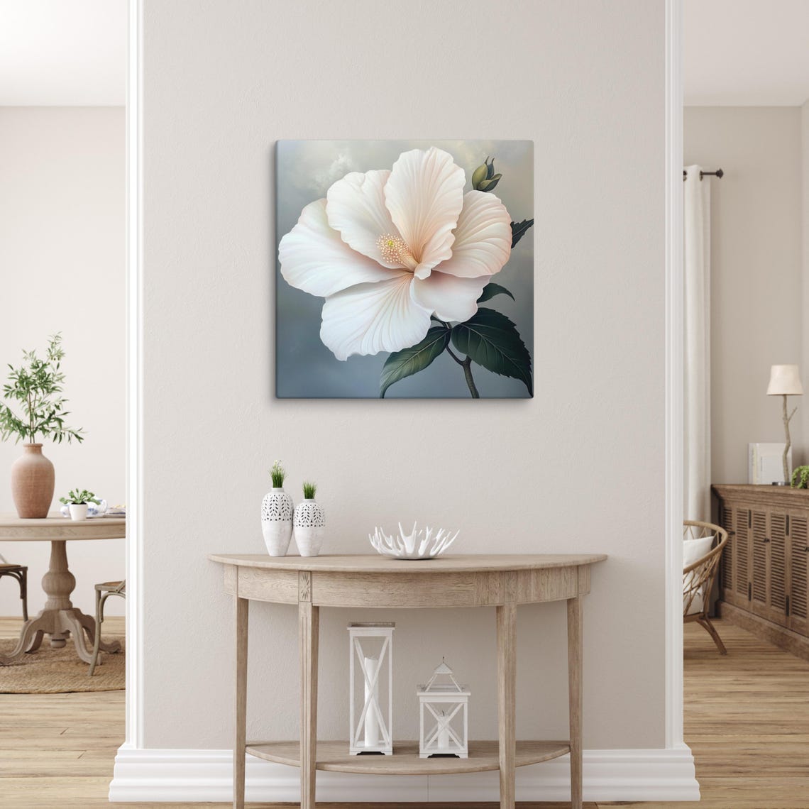 White Hawaiian Blossom Blush Pink Cool Blue Grey Botanical Art Poster - Image 5