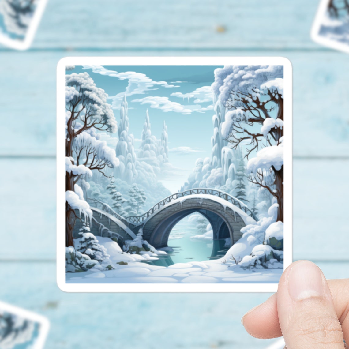 Snowy Winter Bridge Frozen River Magical Landscape Sticker Decal Art