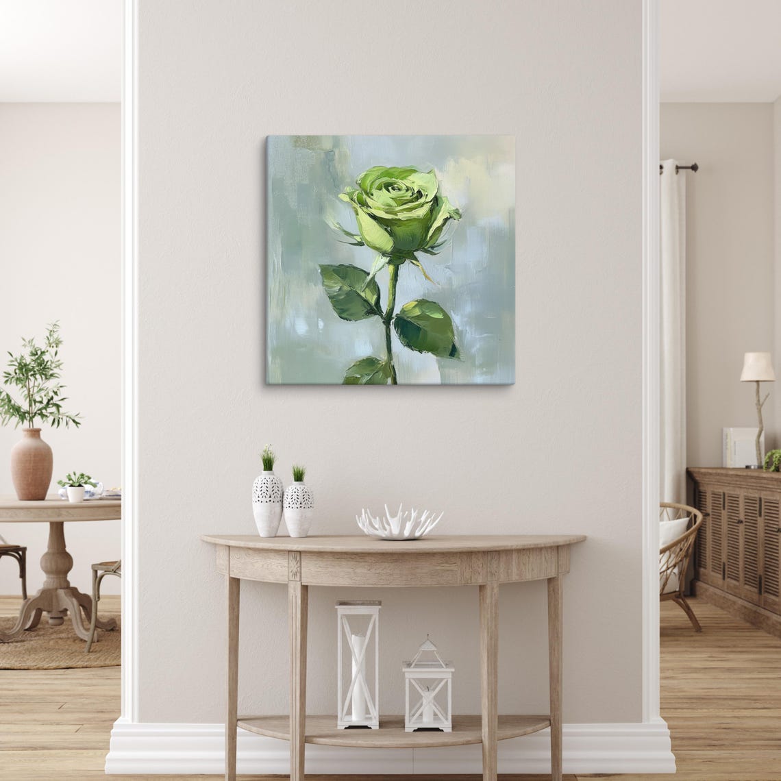 Green Rose Bloom Impasto Painting Cool Blue Background Art Poster - Image 5