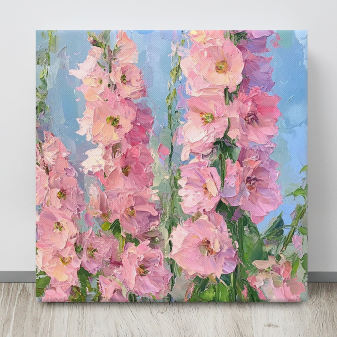 Pink Delphinium Tall Flower Spikes Blue Sky Impressionist Art Poster - Image 4