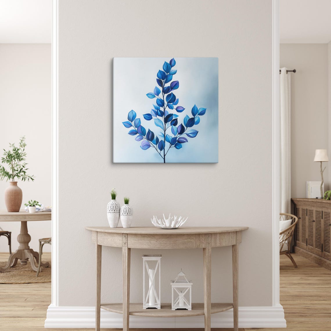 Blue Botanical Leaves Branch Painting on White Background Print - Image 5