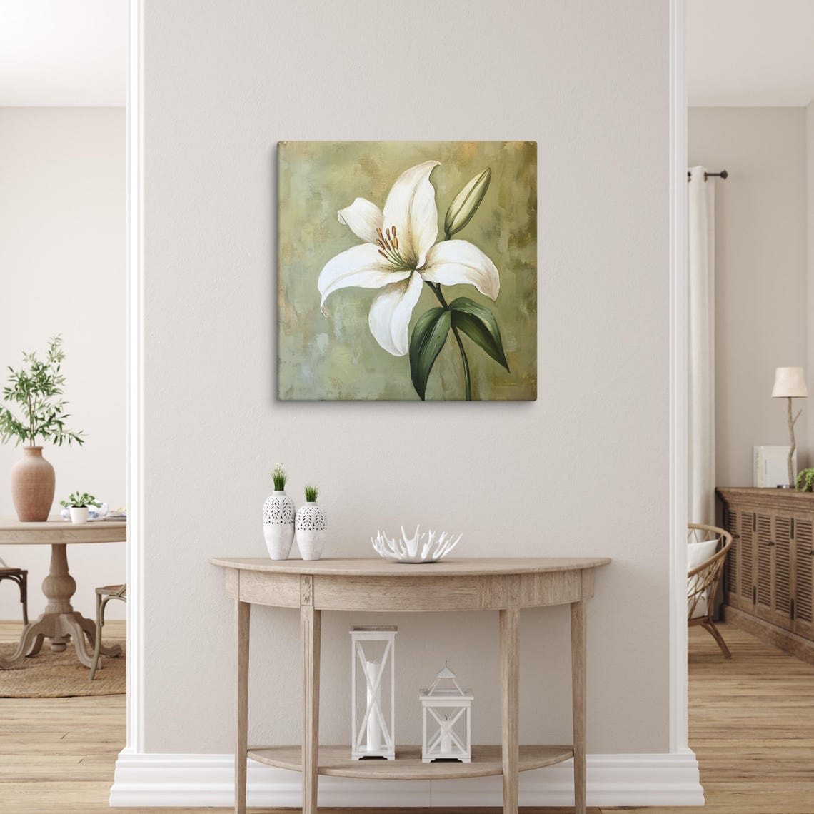White Lily Open Bloom Green Background Botanical Floral Art Poster - Image 5