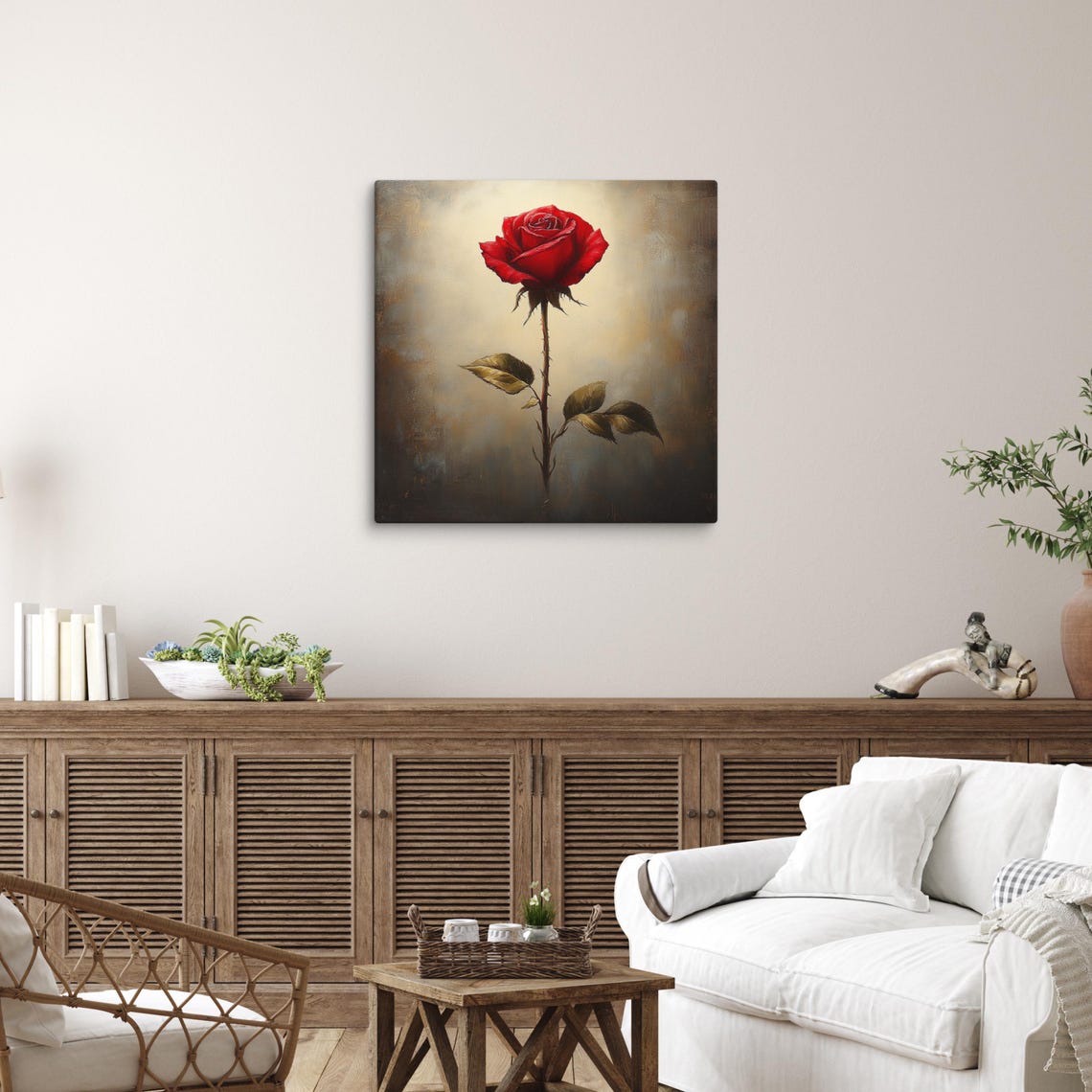 Single Red Rose Bloom Thorny Stem Vintage Painting Print Poster - Image 5