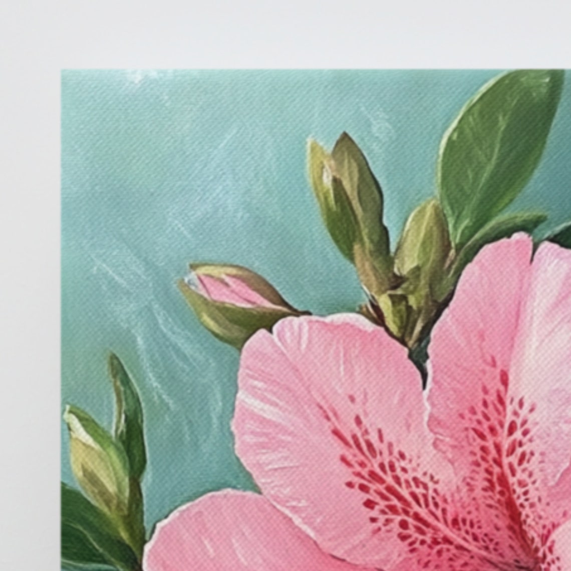 Pink Azalea Blossoms Green Leaves Teal Background Print Poster - Image 3