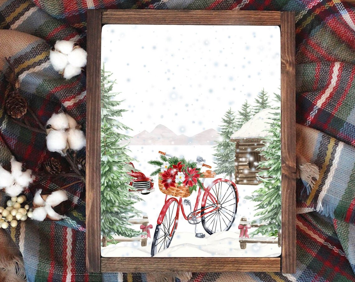 Winter Bicycle Woodland Wall Art 5x7 8x10 11x14 16x20 Holiday Decor Christmas Sign Cabin Rustic Floral Bike Country Diy Decor