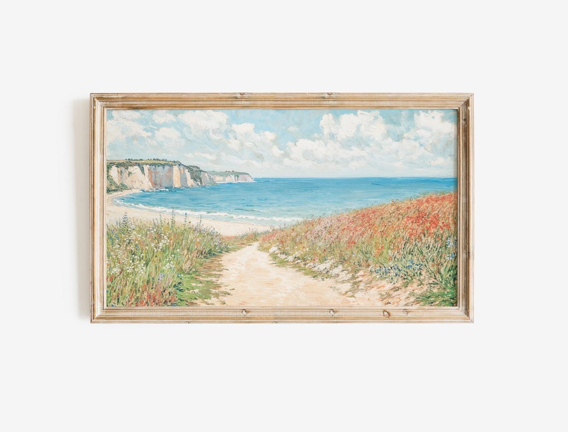 Coastal Path Wildflowers White Chalk Cliffs Blue Sea Painting Poster - Image 2