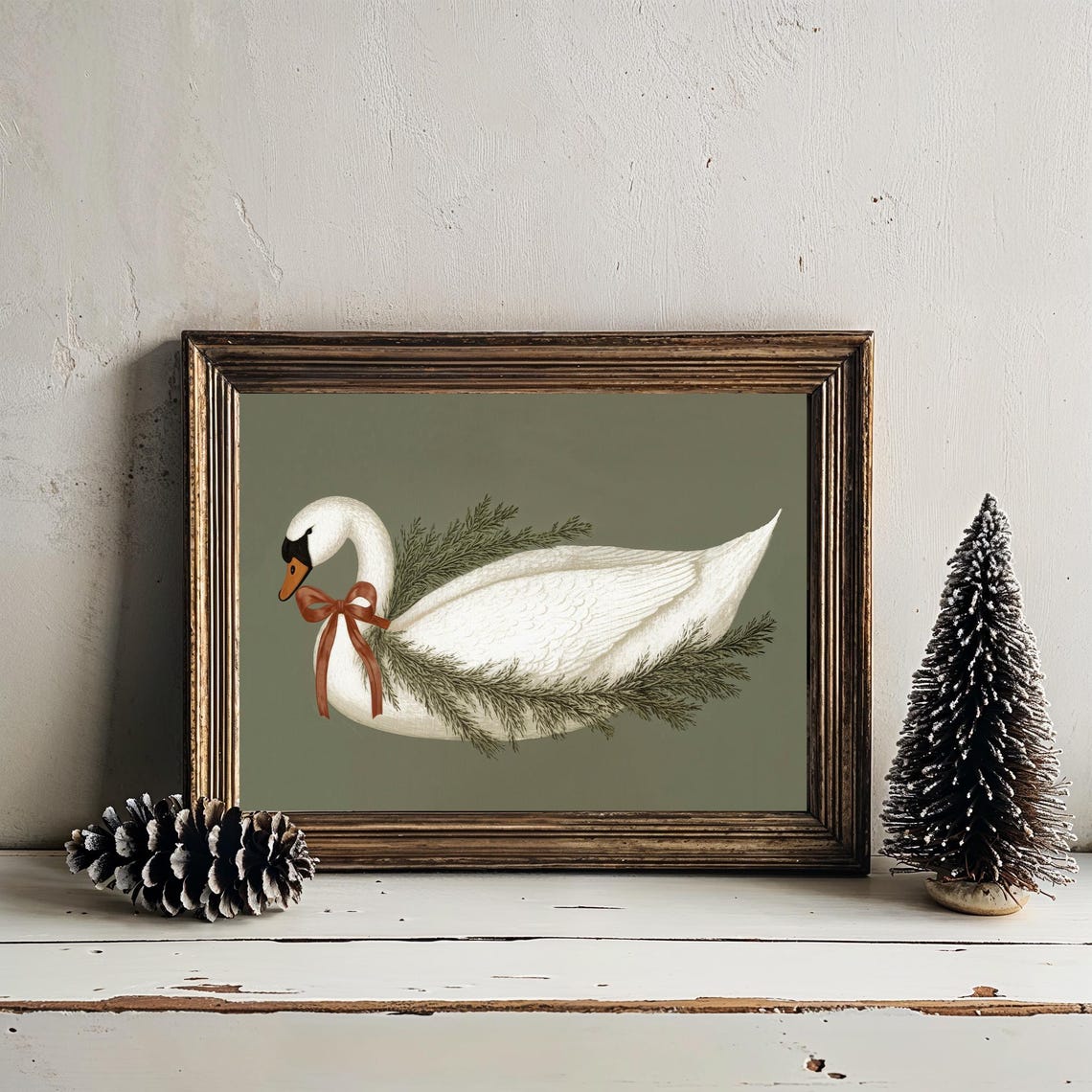 White Swan Pine Sprig Rust Bow Christmas Holiday Decor Poster - Image 4