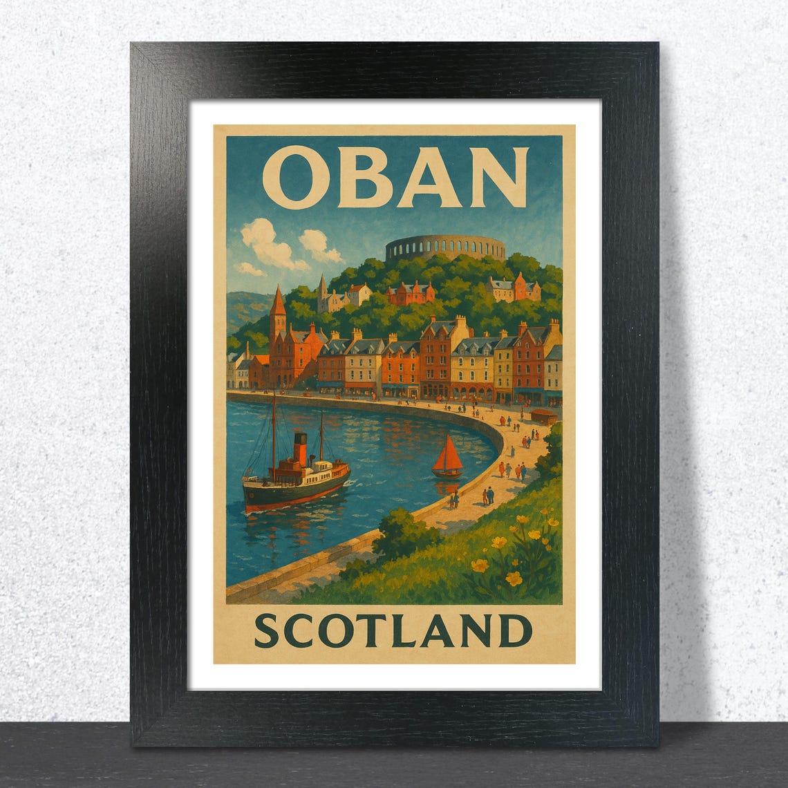 Oban Scotland Bay View Vintage Travel Poster with Harbor Scene