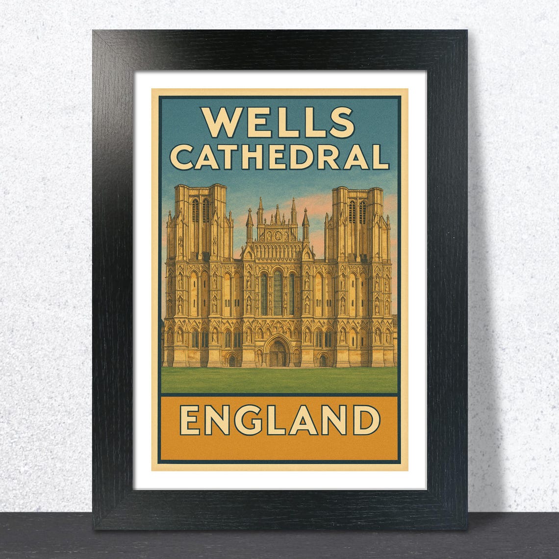 Wells Cathedral Gothic West Front Somerset Vintage Travel Poster