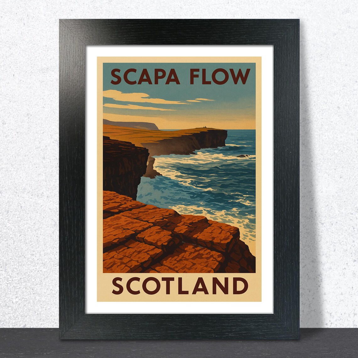 Scapa Flow Scotland Vintage Travel Poster Teal Ocean Waves Cliffside