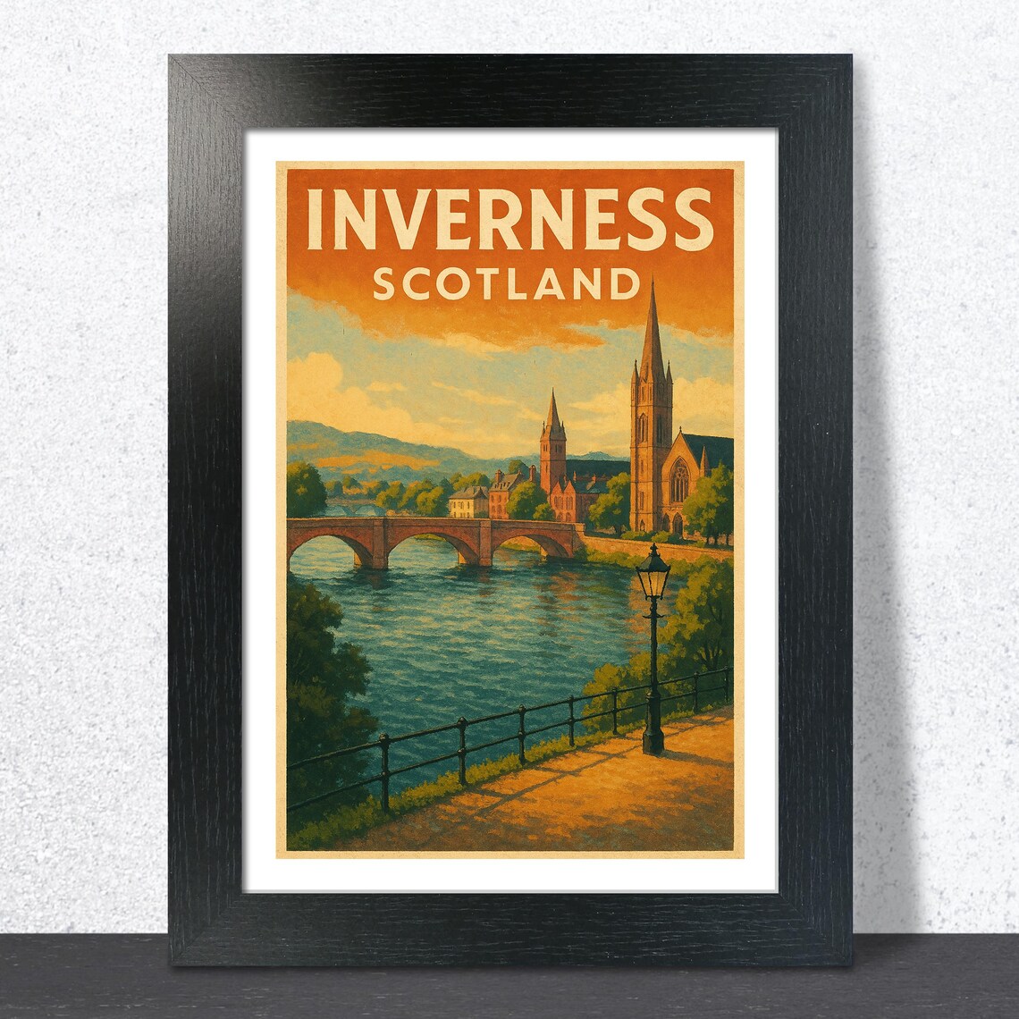 Inverness Scotland Vintage Travel River Bridge Church Poster