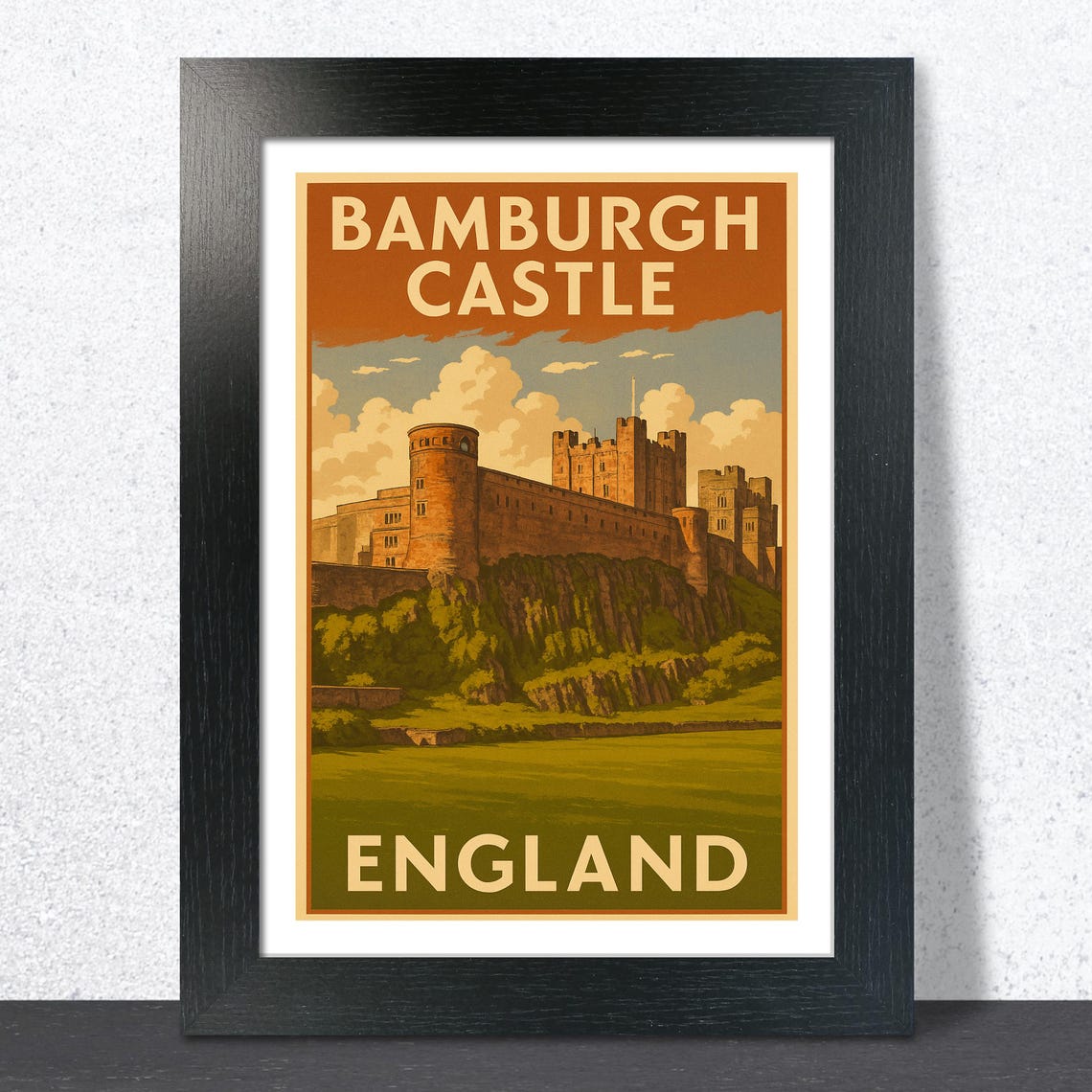 Bamburgh Castle England Daytime Clifftop Vintage Travel Poster