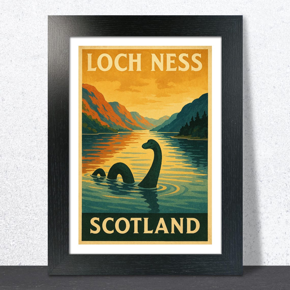 Loch Ness Scotland Vintage Poster with Sunset and Nessie Monster
