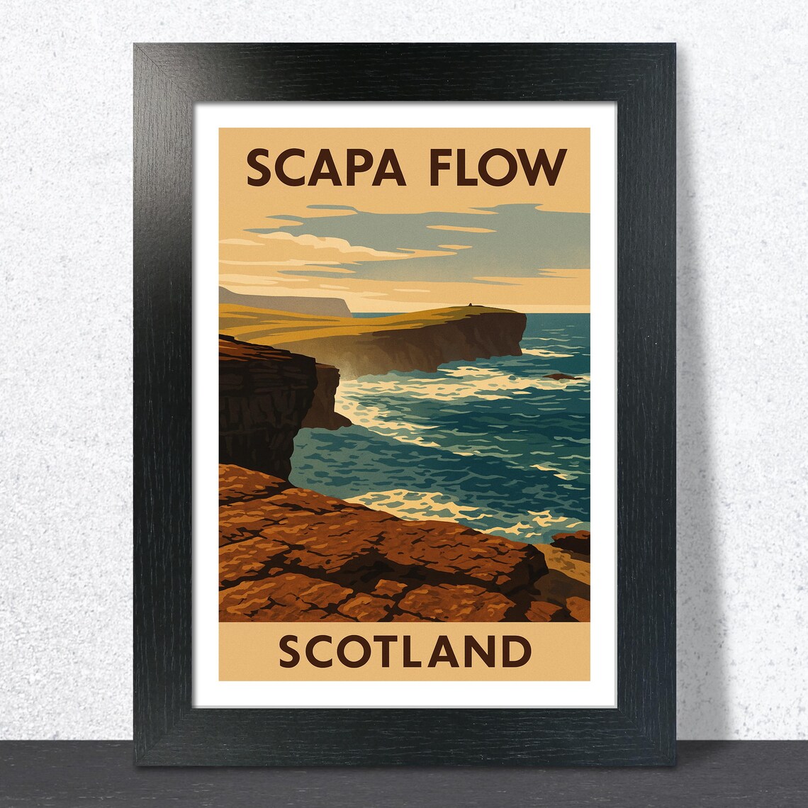 Scapa Flow Scotland Retro Travel Poster With Golden Coastal Cliff View