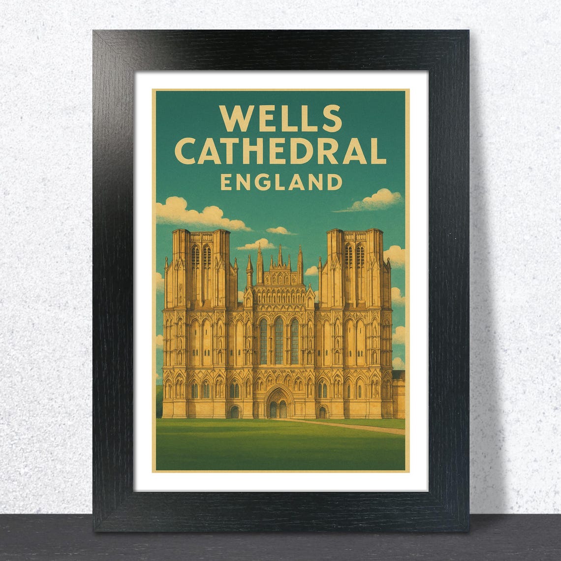 Wells Cathedral England Vintage Gothic Landmark Travel Poster