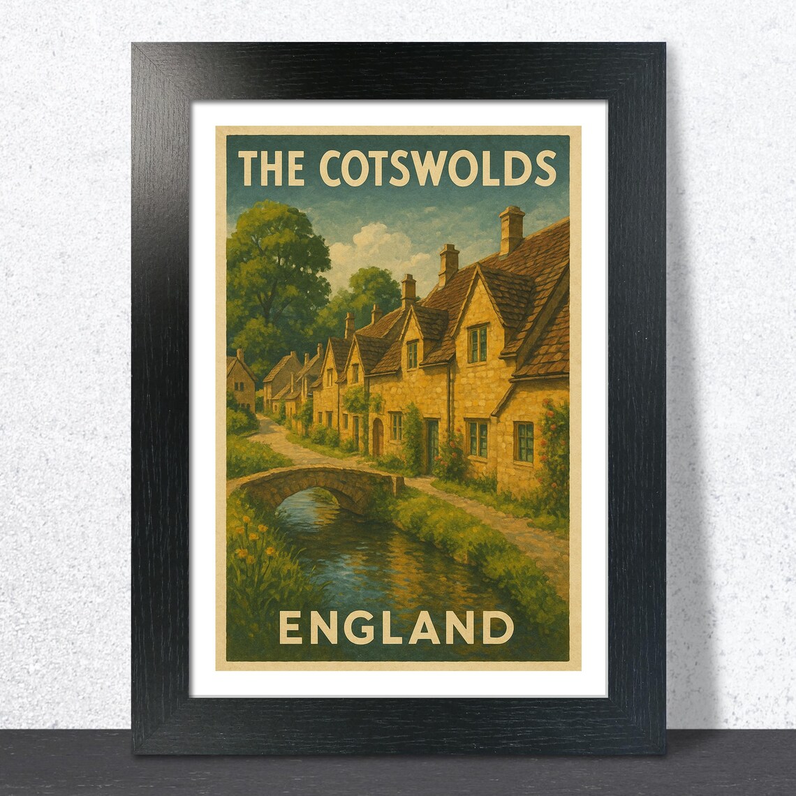 Cotswolds England Stone Cottages Stream Bridge Vintage Travel Poster