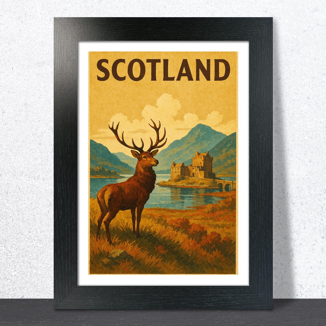 Scotland Red Deer Stag Castle Vintage Travel Poster with Loch