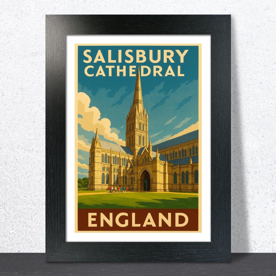 Salisbury Cathedral England Tall Spire Vintage Travel Poster