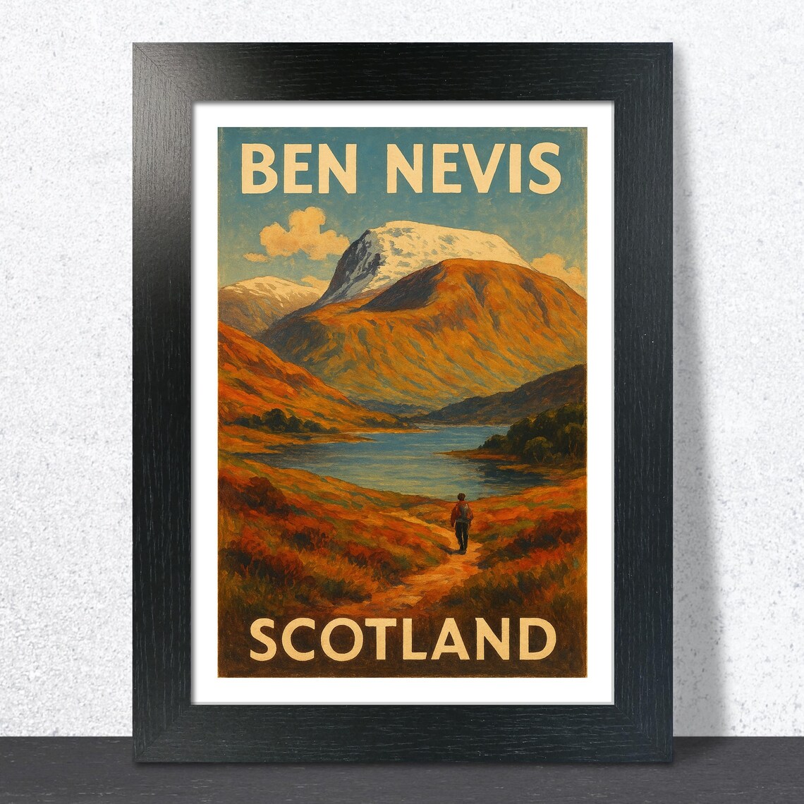 Ben Nevis Scotland Vintage Travel Poster Snow Peak Hiker Trail Lake
