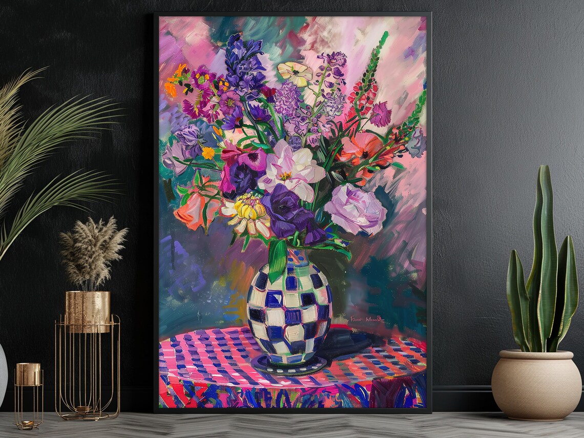 Vibrant Floral Bouquet In Checkered Vase Fauvist Still Life Art Poster - Image 3