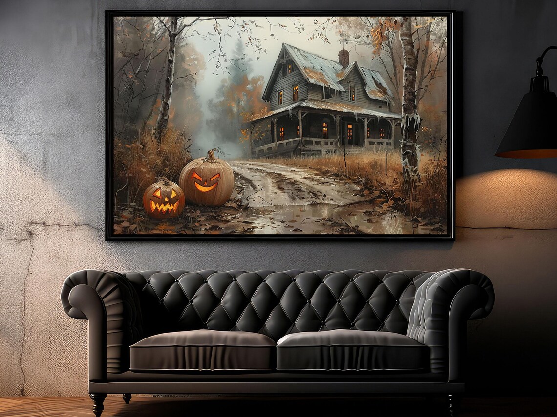 Haunted Old Farmhouse with Glowing Jack O Lanterns on Dirt Road Poster - Image 5