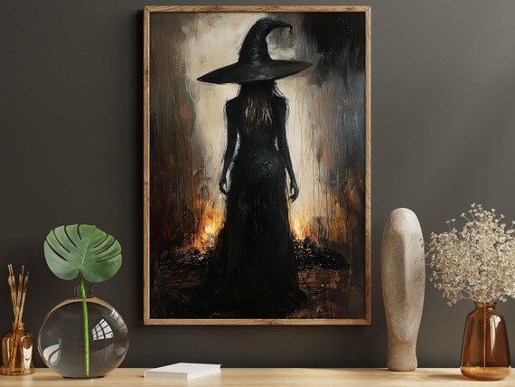 Witch Silhouette Pointed Hat Forest Fire Painterly Dark Halloween Art Poster