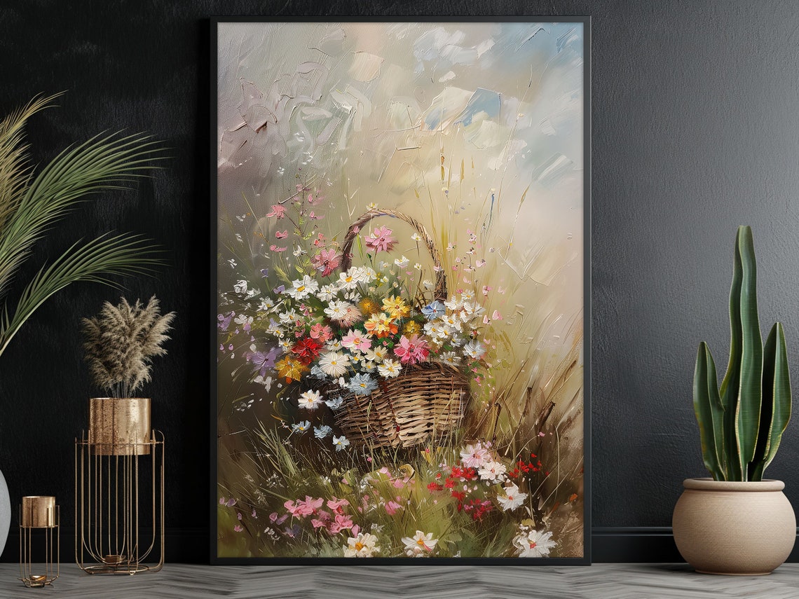 Vintage Wildflowers Basket Oil Painting Flowers Print Cottage Flowers Flowers Poster Wild Flower Wall Art - Image 3