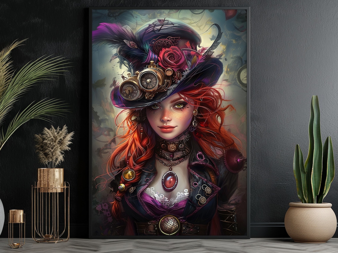 Steampunk Woman In Feathered Top Hat With Goggles Fantasy Art Poster