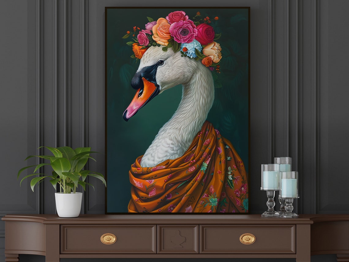 White Swan Flower Crown Floral Drape Elegant Bird Portrait Poster - Image 5