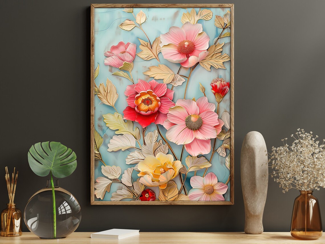 Vintage Pink Blossom Floral Painting Retro Botanical Wall Art Poster - Image 3