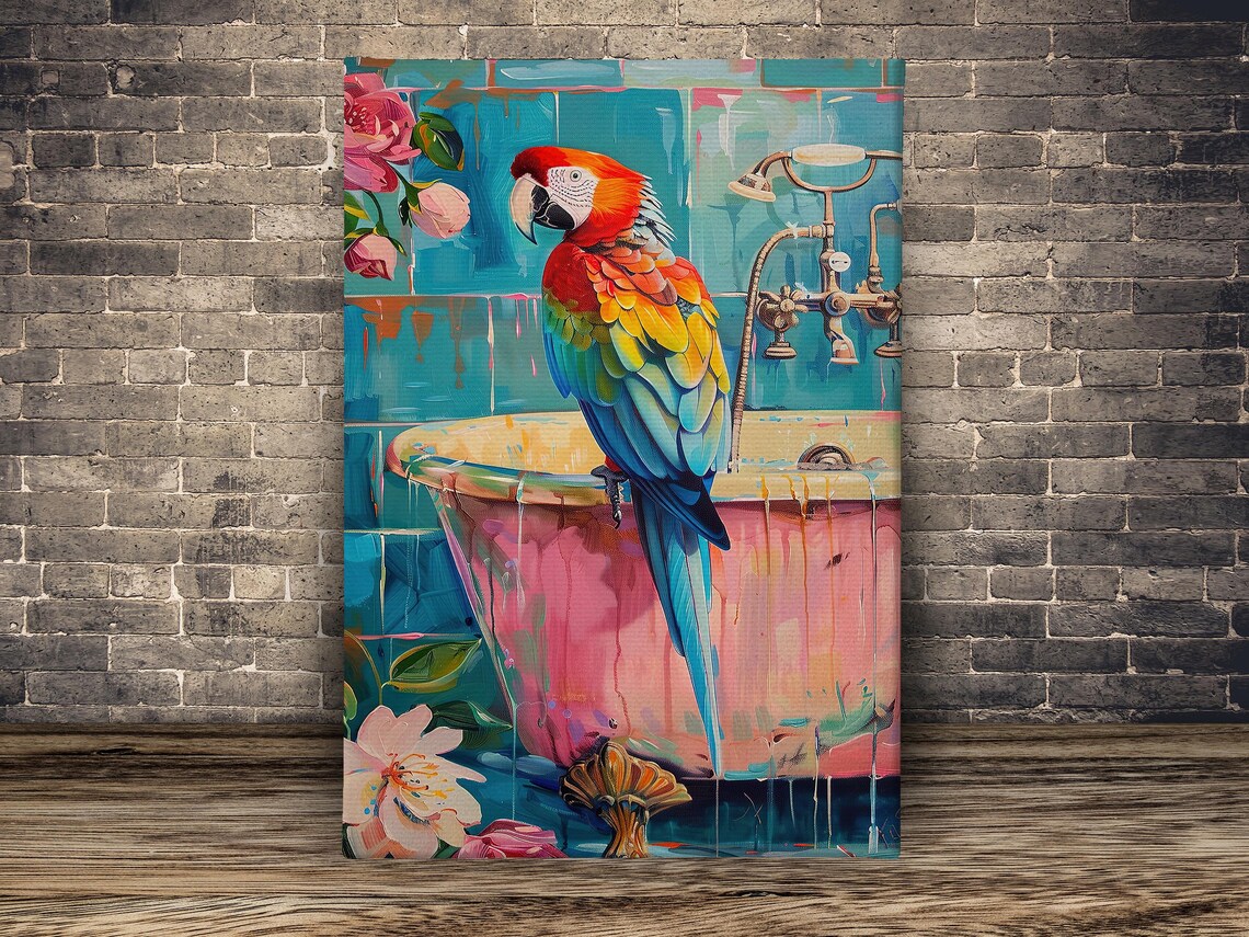 Scarlet Macaw Parrot On Pink Bathtub Tropical Bathroom Art Print - Image 2